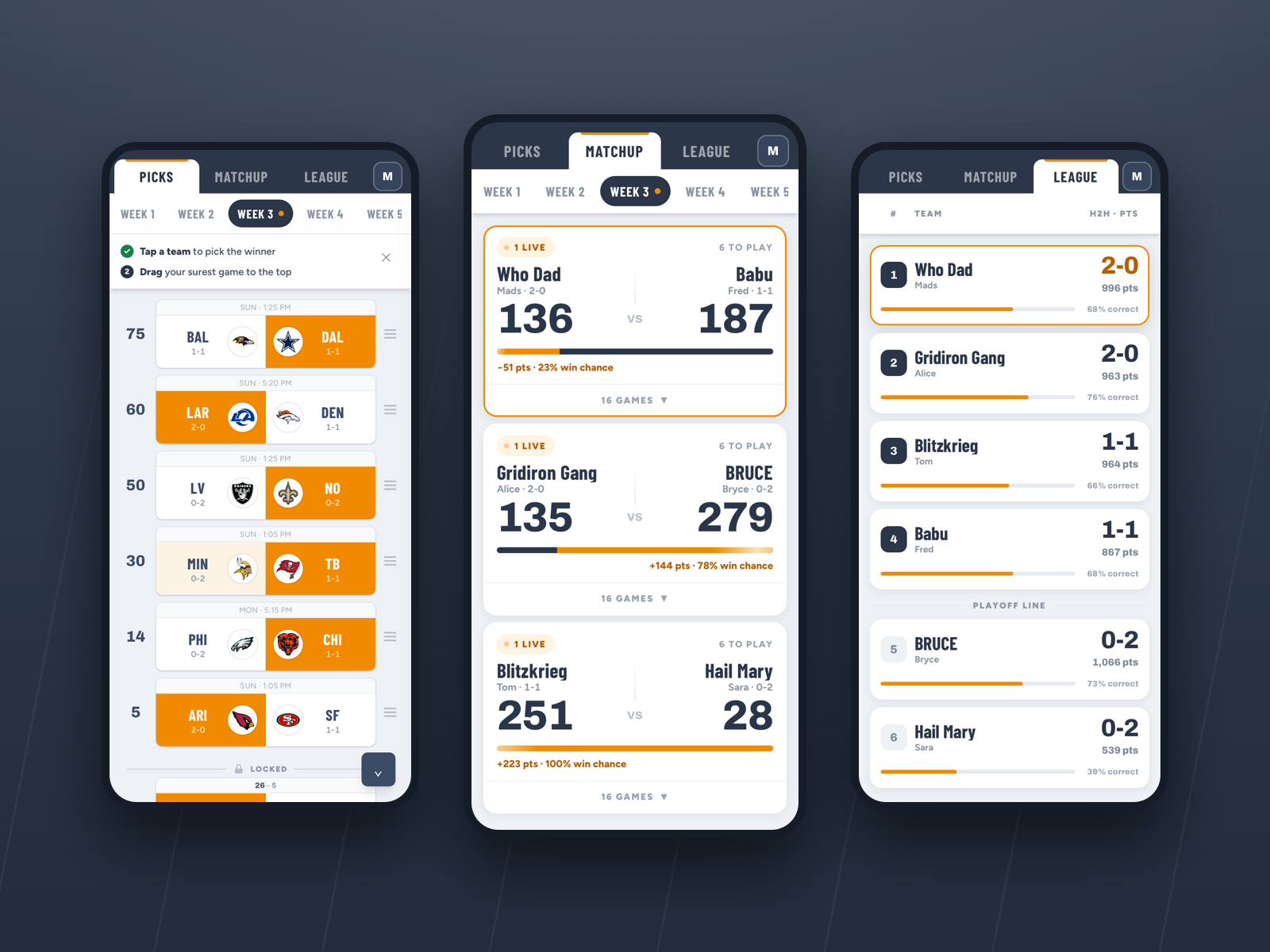 Pick Your Games app screens: picks board, matchups, and league table