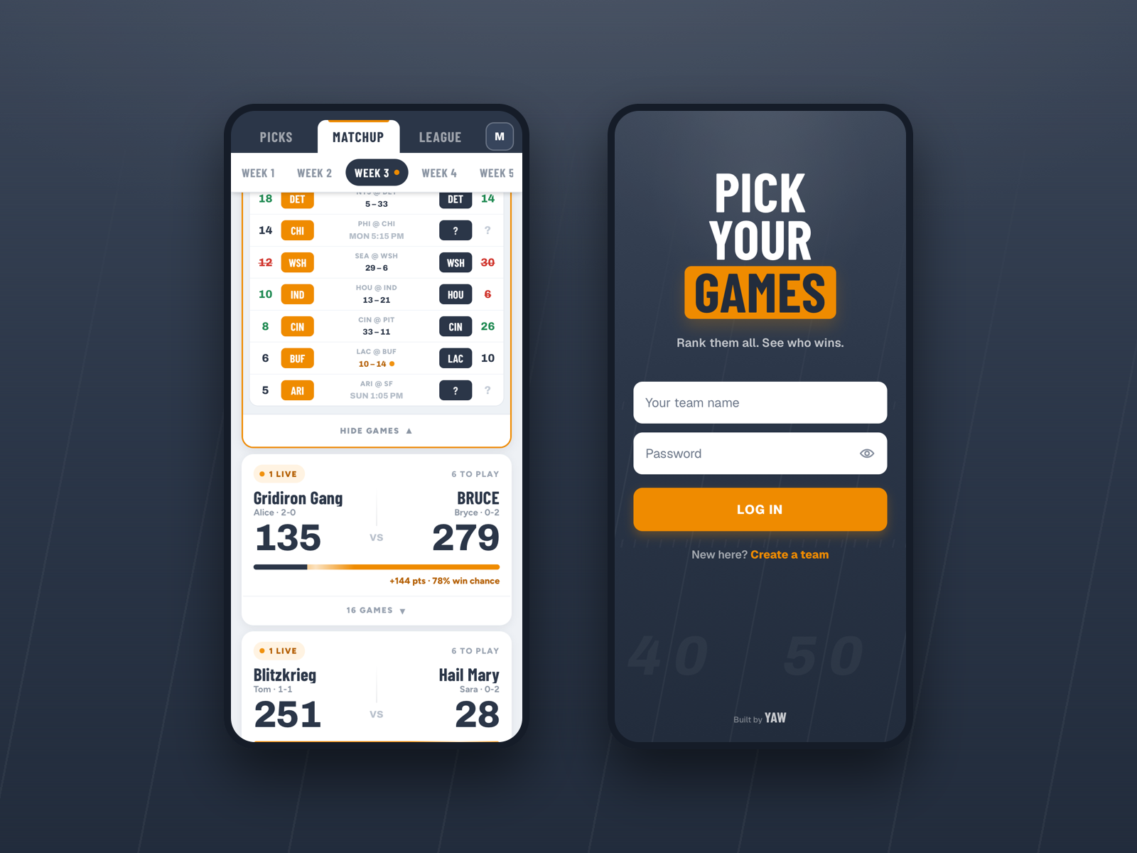 Expanded matchup ledger and login screen